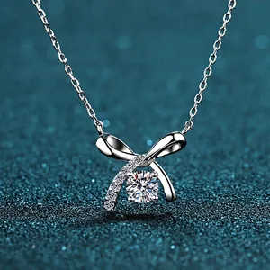 925 Sterling Silver Bowknot Pendant Necklace For Women Round Brilliant Moissanite Zirconia Electroplated Chain Fine Jewelry