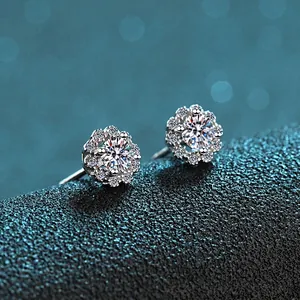 S925 sterling silver flower stud earrings featuring a brilliant moissanite center diamond