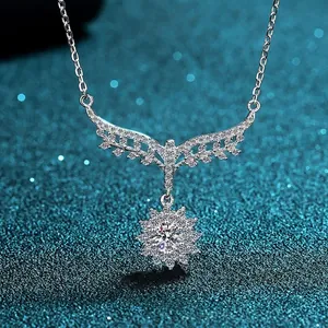 925 Sterling Silver Moissanite Zirconia Angel Wings Sunflower Pendant Necklace For Women Elegant Clavicle Chain Jewelry Gift