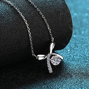 Elegant S925 sterling silver bow necklace with moissanite diamond pendant for women