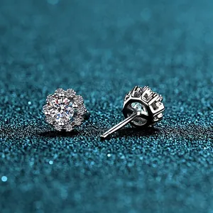 S925 sterling silver sunflower stud earrings with round moissanite sparkling cluster