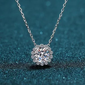 Collier Pendentif en Argent Sterling 925 Moissanite pour Femme Rond Zirconia Fleur Halo Étincelant Chaîne de Clavicule Bijoux Avec Certificat GRA