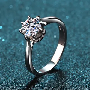 Bague de Luxe en Argent Sterling 925 pour Femme Un Carat Moissanite Zirconia Couronne à Six Griffes Mariage Fiançailles Bijoux Bague