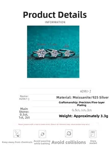 Detailed specs for S925 silver six-prong moissanite rings in 0.5ct, 1ct, and 2ct sizes