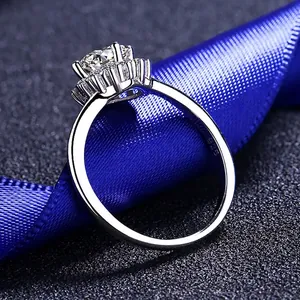 925 silver sunflower ring with brilliant round moissanite and halo diamond setting
