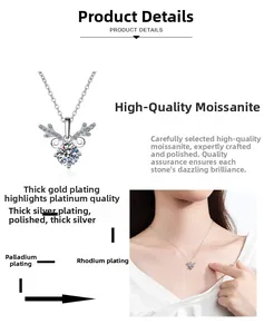 Détail collier renne argent s925 avec moissanite ronde sur mannequin et fond blanc pur