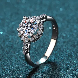 Bague Halo en Argent Sterling 925 avec Moissanite et Zirconia pour Femmes Tournesol Coupe Ronde Cluster Fiançailles Mariage Bijoux Anneau Ajustable