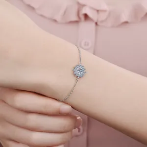 Detailed view of S925 sterling silver moissanite bracelet with sunflower pendant on wrist