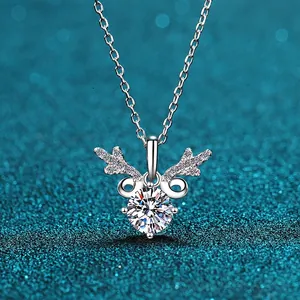 Collier en Argent Sterling 925 Bois de Renne pour Femmes Moissanite Zirconia Coupe Ronde Chaîne de Clavicule Bijoux