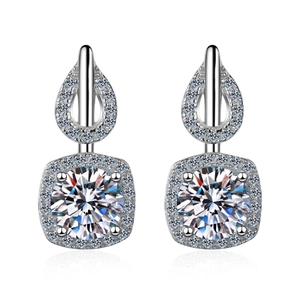 Elegant 925 sterling silver square halo stud earrings with brilliant moissanite stones