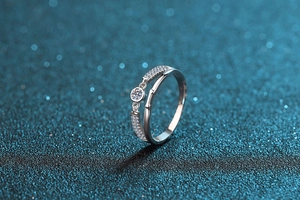 Detailed close-up of a silver Moissanite ring with a double-layered pavé band design