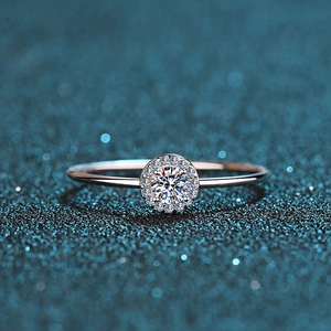 Elegant S925 sterling silver moissanite halo ring on a dark blue shimmering background