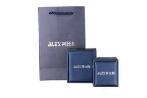 Premium navy blue jewelry packaging set with textured paper bag and gift boxes