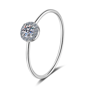 Classic S925 sterling silver ring featuring a round moissanite with halo setting on white background