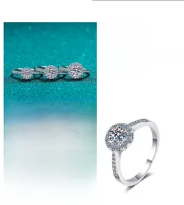 Detailed view of S925 sterling silver moissanite ring with halo setting and pave band