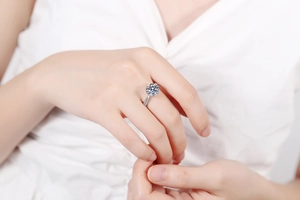 Detail of a 3-carat moissanite ring with six-prong setting on a model's finger