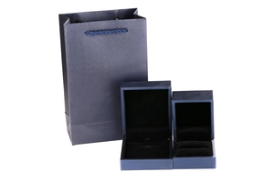 Detail view of navy blue jewelry gift set with textured boxes and paper handle bag