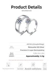 Detailed specs of S925 silver Moissanite couple rings with five-layer plating process