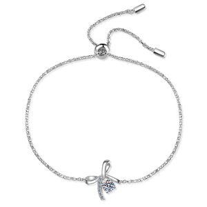 Adjustable S925 sterling silver bow bracelet featuring a brilliant moissanite center stone
