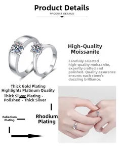 Detail of moissanite couple rings showing multi-layer plating process and hand-worn effect