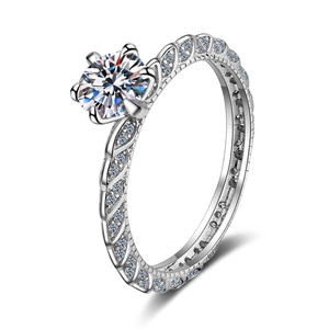 S925 sterling silver moissanite ring with six-prong setting and pavé side stones