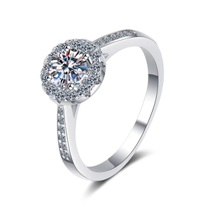 Classic S925 sterling silver halo ring with round moissanite and side diamond accents