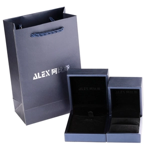 Dark blue matte jewelry gift set with square box, rectangular box, and matching paper bag