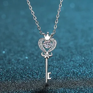 925 Sterling Silver Moissanite Heart Crown Key Pendant Necklace Elegant Rhodium Plated Jewelry Gift For Women Anniversary