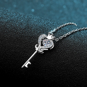 Elegant S925 sterling silver crown key pendant necklace with a brilliant moissanite stone
