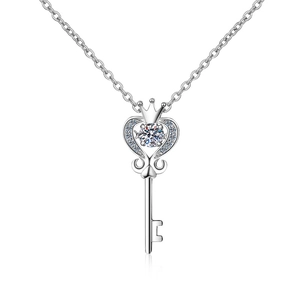 Elegant S925 sterling silver crown key pendant necklace with a brilliant moissanite stone
