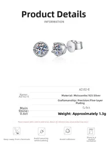 Detailed specs of 0.6ct Moissanite earrings in 925 silver with five-layer plating