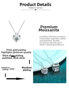 Detailed view of square moissanite pendant with thick silver, rhodium, and palladium plating