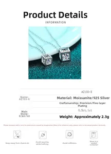 Detail of square moissanite pendant in 925 silver with five-layer plating finish