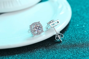 Macro view of S925 sterling silver halo stud earrings with brilliant moissanite stone