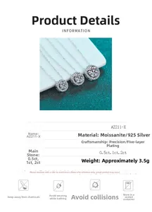 Détail macro de pendentifs en moissanite argent 925 en tailles 0,5ct, 1ct et 2ct