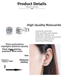 Detail of S925 silver moissanite studs showing 4-prong setting and model wearing look