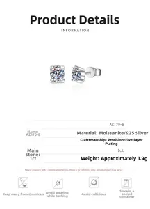 Detailed specifications of 1ct Moissanite and 925 silver stud earrings for bridal jewelry