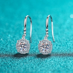 925 Sterling Silver Moissanite Hook Earrings For Women Round Brilliant Cut Halo Zirconia Drop Earrings Wedding Jewelry
