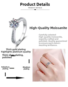 Detailed view of S925 silver ring featuring 6-prong moissanite setting and plated layers