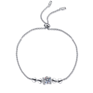 Adjustable S925 sterling silver moissanite bracelet with heart motifs and round zircon