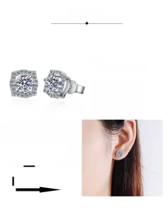 Detail of S925 silver moissanite earrings with multi-layer electroplating and halo design