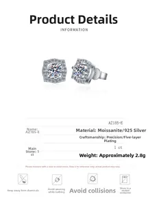 Detail view of 1ct moissanite earrings in 925 sterling silver with plating specifications