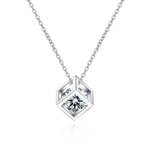 Minimalist S925 silver necklace with a geometric cube pendant and sparkling moissanite stone