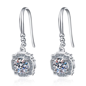 S925 sterling silver drop earrings with square halo moissanite and classic French hooks