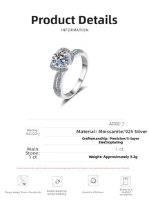 Macro shot of 1 carat moissanite silver ring with detailed material specifications table
