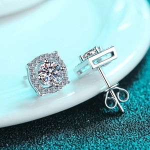 925 Sterling Silver Moissanite Zirconia Stud Earrings For Women Korean Geometric Square Halo Electroplated Sparkly Earrings Jewelry Gift