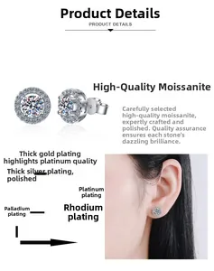 Detail of Moissanite stud earrings featuring multilayer plating and 925 silver finish