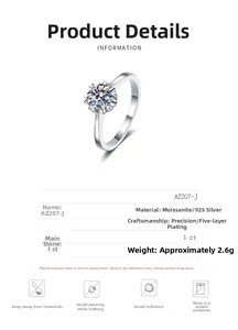 Detail of 925 sterling silver ring with 1 carat moissanite in classic six-prong setting