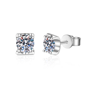 Elegant S925 sterling silver four-prong stud earrings featuring brilliant round moissanite