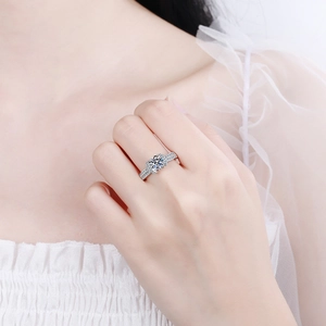 S925 sterling silver moissanite ring with a large round center stone and pavé setting